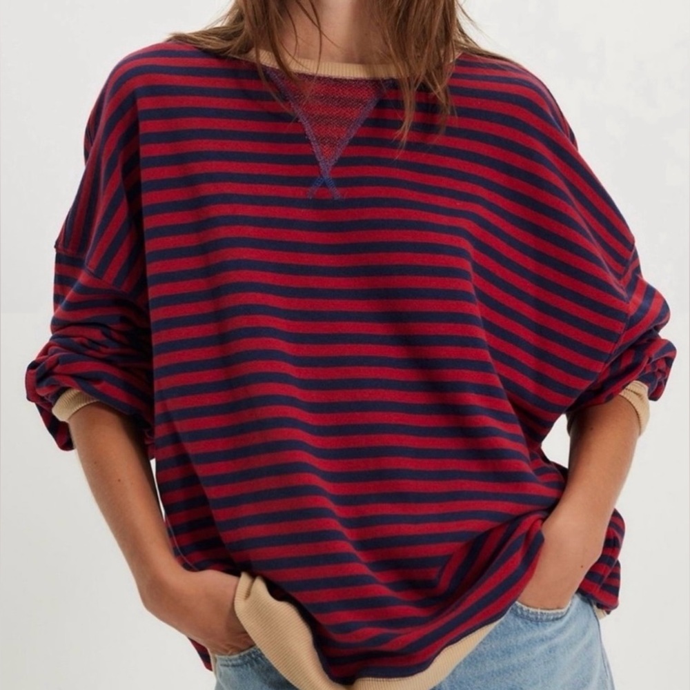 NWOT Free People Classic Stripe Oversized Crewneck Sweatshirt